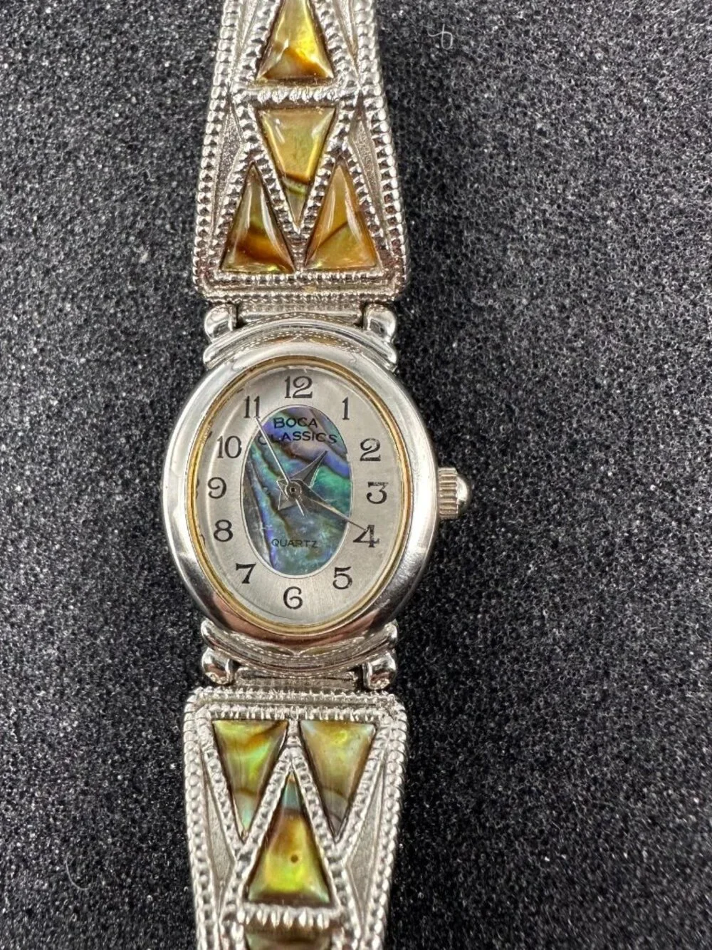Boca Classics Watch Women Silver Tone Abalone Stretch Band New Battery 6.25